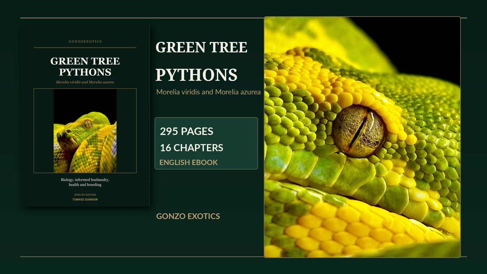 Landscape presentation of the Green Tree Pythons cover, a python eye close-up and the English edition format